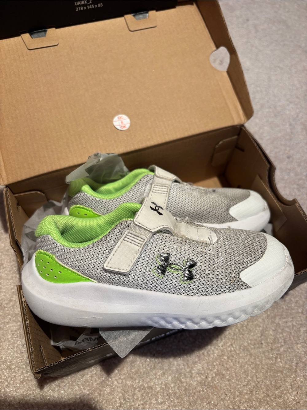Under Armour Kids Gray Sneakers with Neon Green Accents